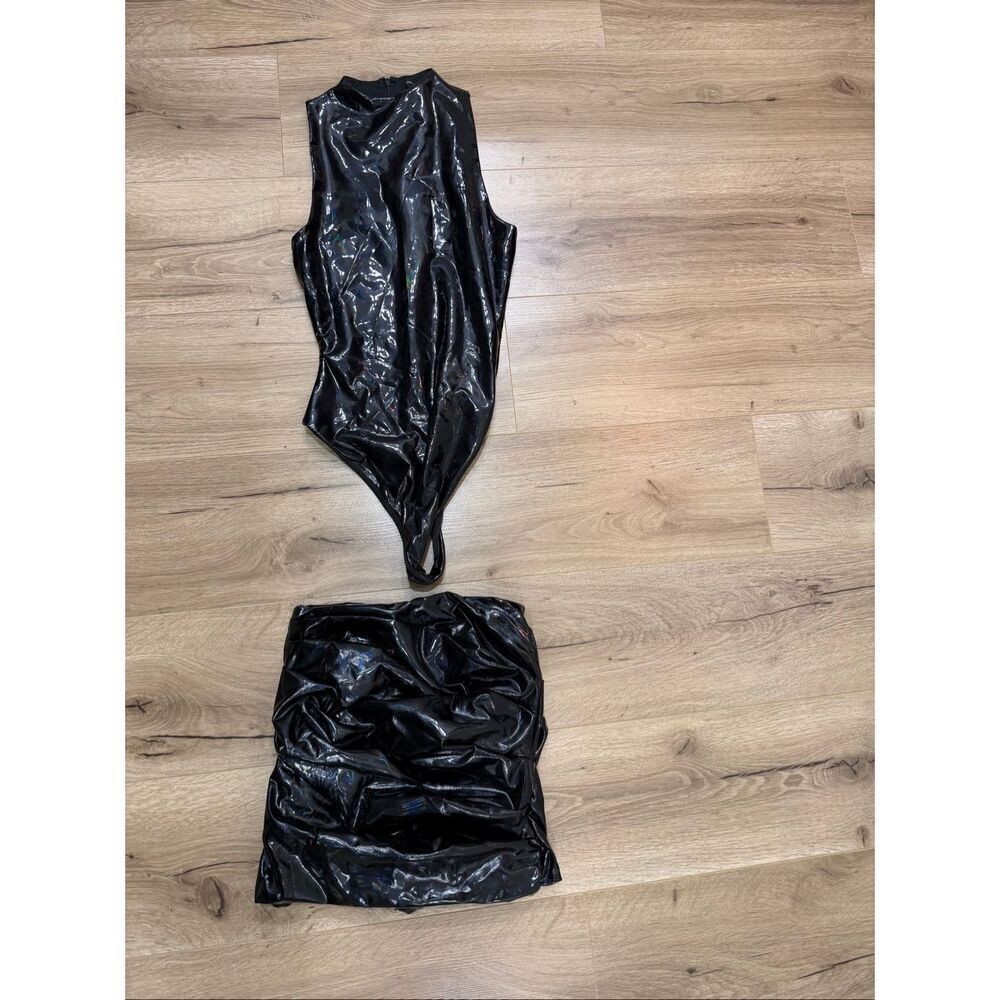 Two piece set naked wardrobe size xs holographic blue bodysuit and skirt